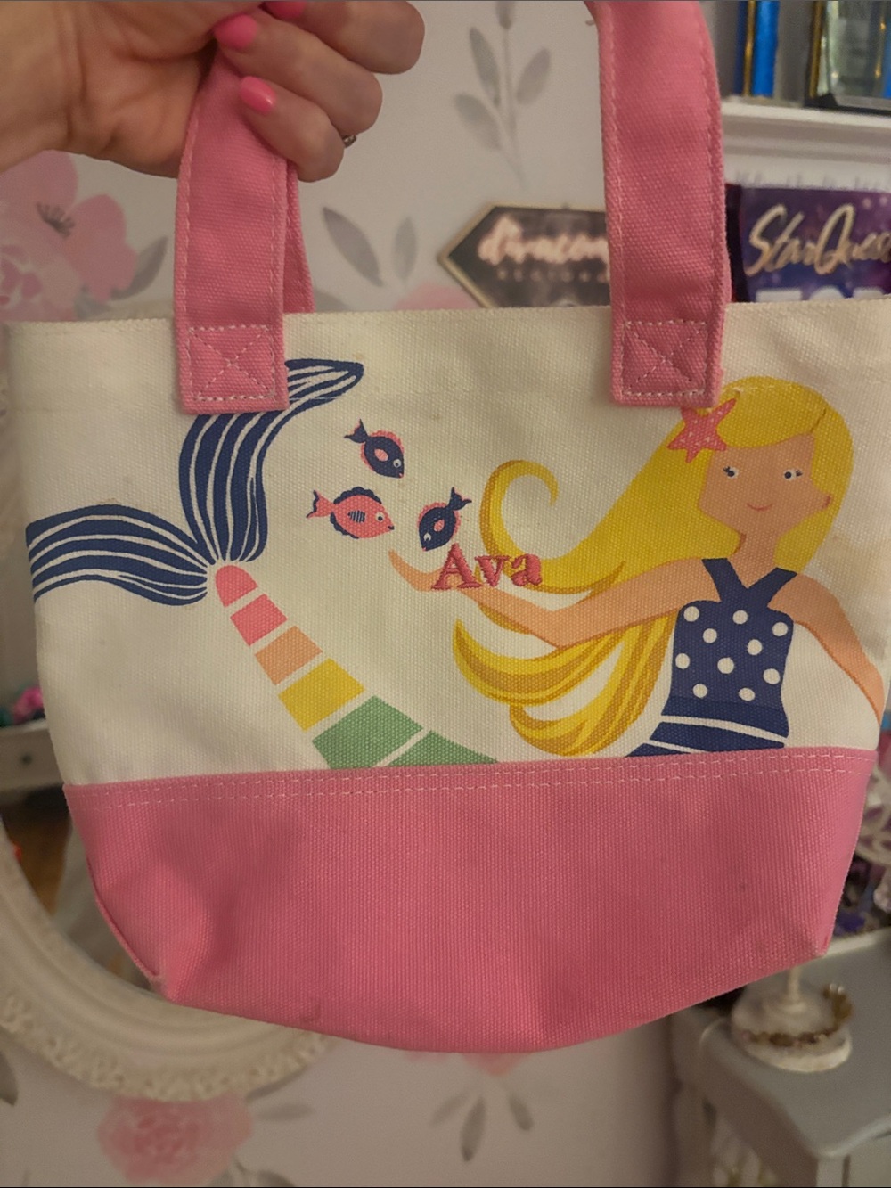 Pottery Barn Kids Pink Mermaid Canvas Tote with Yellow-Blue Mermaid